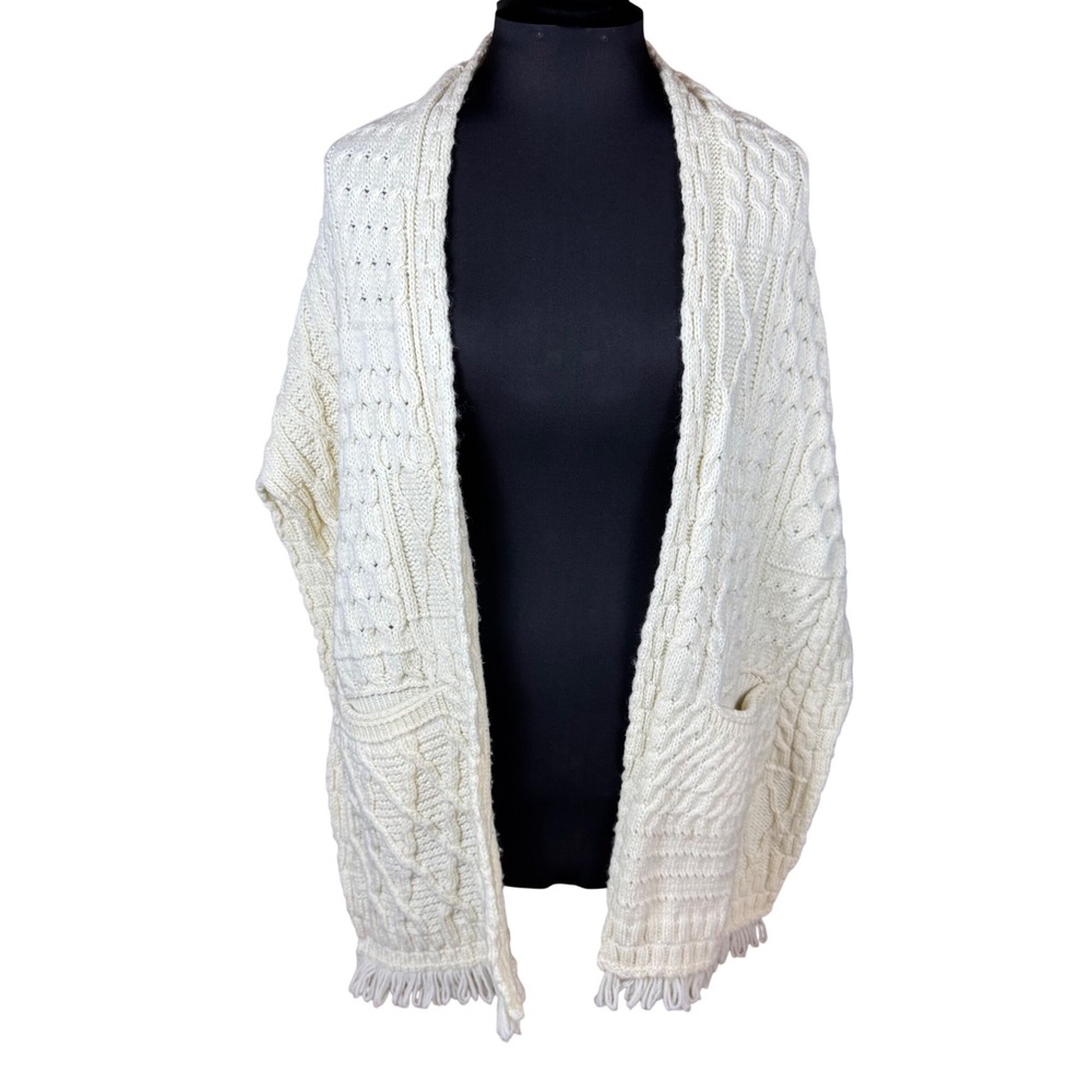Connemara 100% Merino Wool Aran Vintage Cream Cardigan Wrap Fisherman Fringe